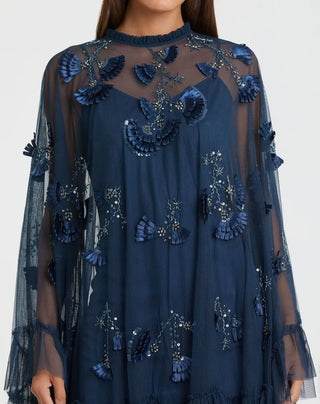 Navy Embellished Long Sleeve Trapeze Dress