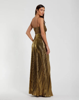 Gold Thin Strap Pleated Metallic Gown