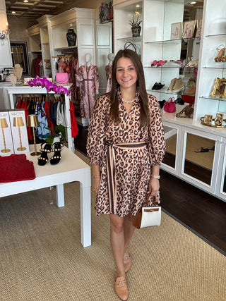 Split Neck Flounce Dress, Brown Leopard