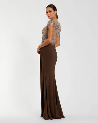 Brown Crystal Embellished Jersey Gown