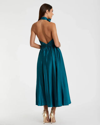 Teal Pleated Charmeuse Midi Dress