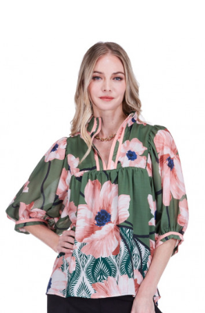 Puff Sleeve Blouse, Olive Bloom