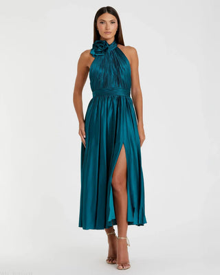 Teal Pleated Charmeuse Midi Dress