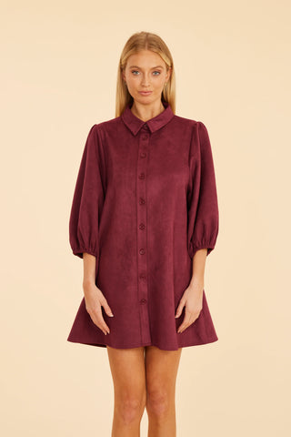 Faux Suede Puff Sleeve Dress, Burgundy