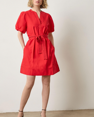 Shirred Sleeve Split Neck Dress