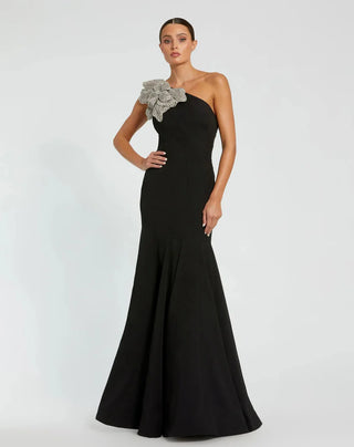 Black Crepe One Shoulder Gown, Crystal Flower