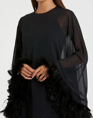 Black Trapeze Feather Trim Mini Dress