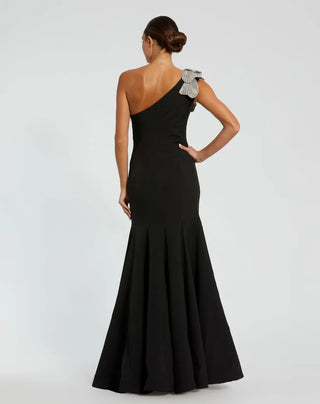Black Crepe One Shoulder Gown, Crystal Flower
