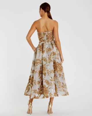 Gold Strapless Brocade Midi Dress