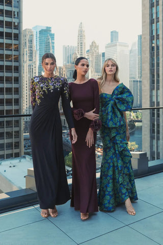 Long Sleeve Fitted Jersey Gown With 3D Flowers