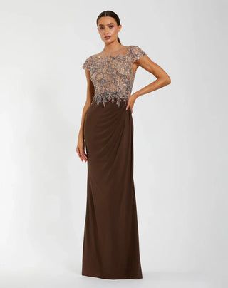 Brown Crystal Embellished Jersey Gown