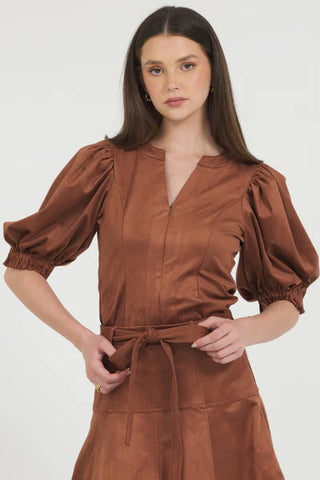 Vegan Suede Puff Sleeve Top, Cognac