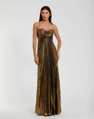 Gold Thin Strap Pleated Metallic Gown