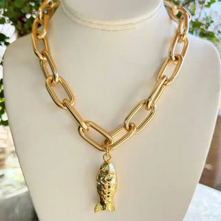 Gold Chain Necklace + Fish Pendant