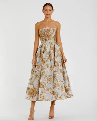 Gold Strapless Brocade Midi Dress