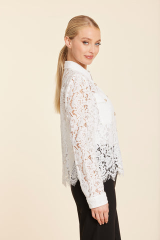 Lace Pearl Button Blouse, White