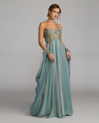 Blue Strapless Embellished Chiffon Cape Gown