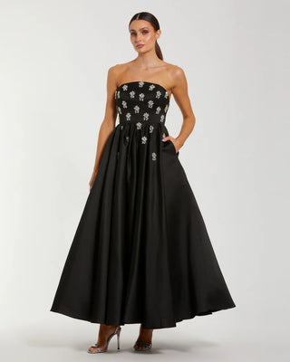 Black Crystal Embellished Satin A-Line Dress