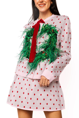 Polka Dot Wreath Sweater, Light Pink