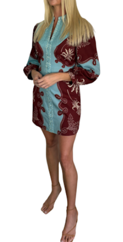 Jenny Dress, Light Blue/Maroon