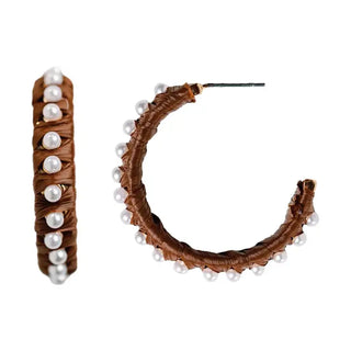 Brown Studded Pearl Raffia Earrings