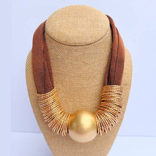 Brown Mesh Metal Ball Necklace - Brown