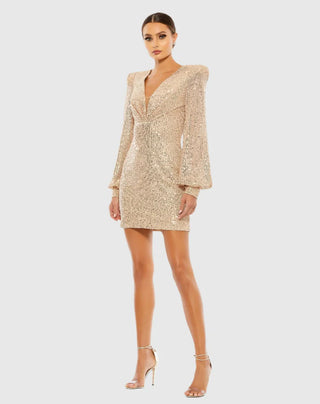 Gold Sequined Structured Bishop Sleeve Mini Dress