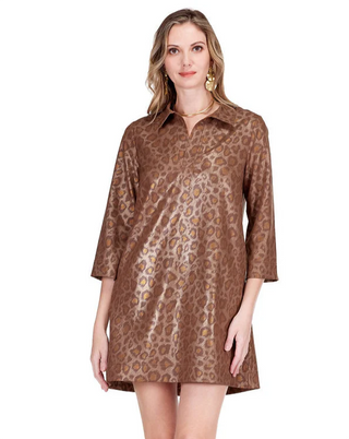 Placket Bell Sleeve Dress, Golden Leopard