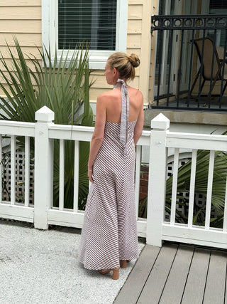 Amore Halter Dress, Brown Stripes