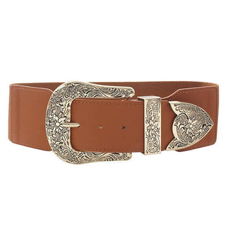 Wide Western Buckle Elastic Belt - Cognac
