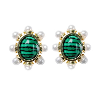 Green Malachite And Pearl Oval Earrings