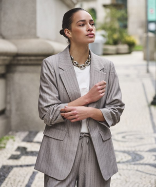Gathered Sleeve Blazer, Silver Herringbone