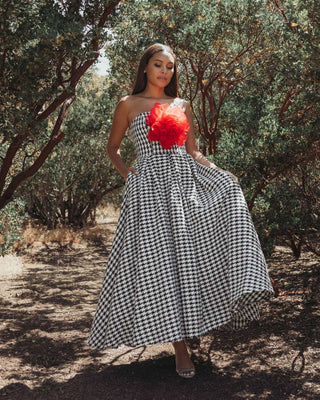 Black and White Strapless Boucle A Line Midi Dress