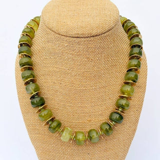 Round Bead Necklace With Gold Spacers - Olive