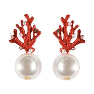 Pearl and Red Coral Earrings