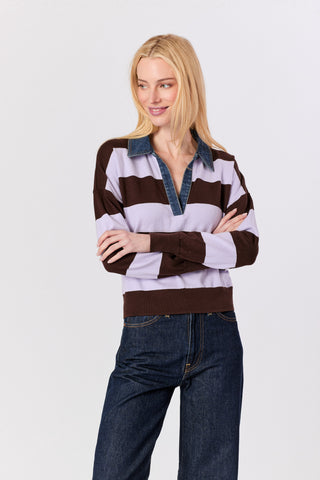 Denim Collar Polo, Coffee Bean/Lilac