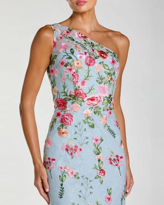 Blue One Shoulder Floral Embroidered Gown