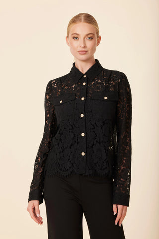 Lace Pearl Button Blouse, Black