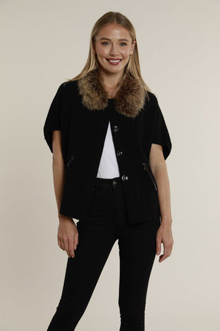 Fur Collar Short Sleeve Cardigan, Black/Chesnut
