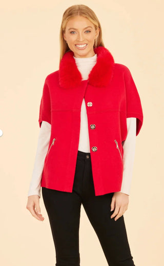 Fur Collar Short Sleeve Cardigan, Red