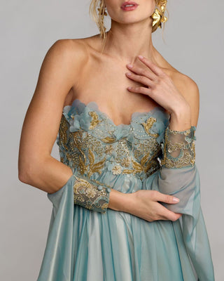 Blue Strapless Embellished Chiffon Cape Gown