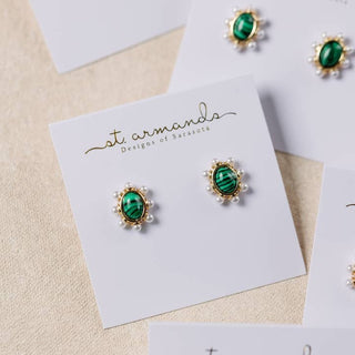 Green Malachite And Pearl Oval Earrings