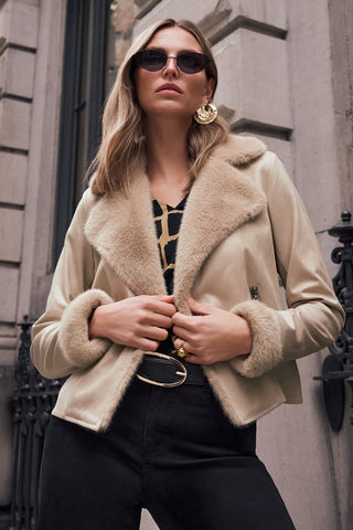 Faux Suede Jacket With Fur Collar Style