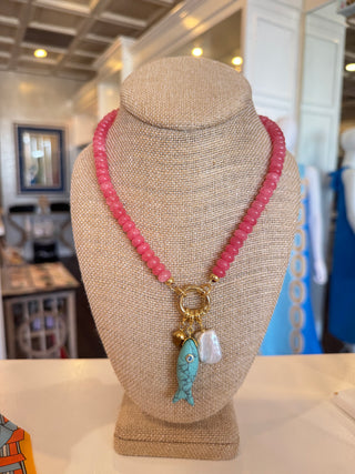Coral Beaded Necklace + Turquoise Fish