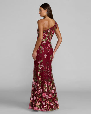 Red One Shoulder Floral Embroidered Gown