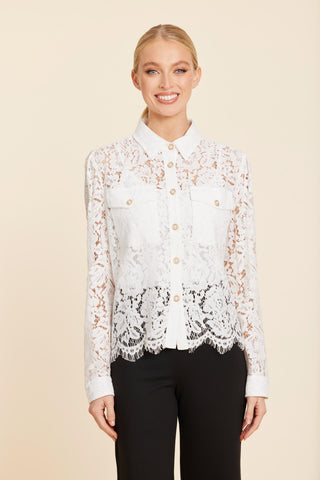 Lace Pearl Button Blouse, White