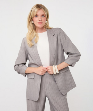 Gathered Sleeve Blazer, Silver Herringbone