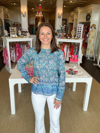 Pintuck Top, Teal Paisley