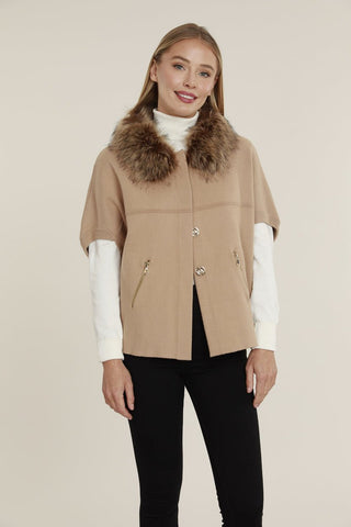 Fur Collar Short Sleeve Cardigan, Camel