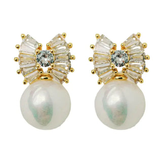 Gold Pearl Sparkle Bow Earrings